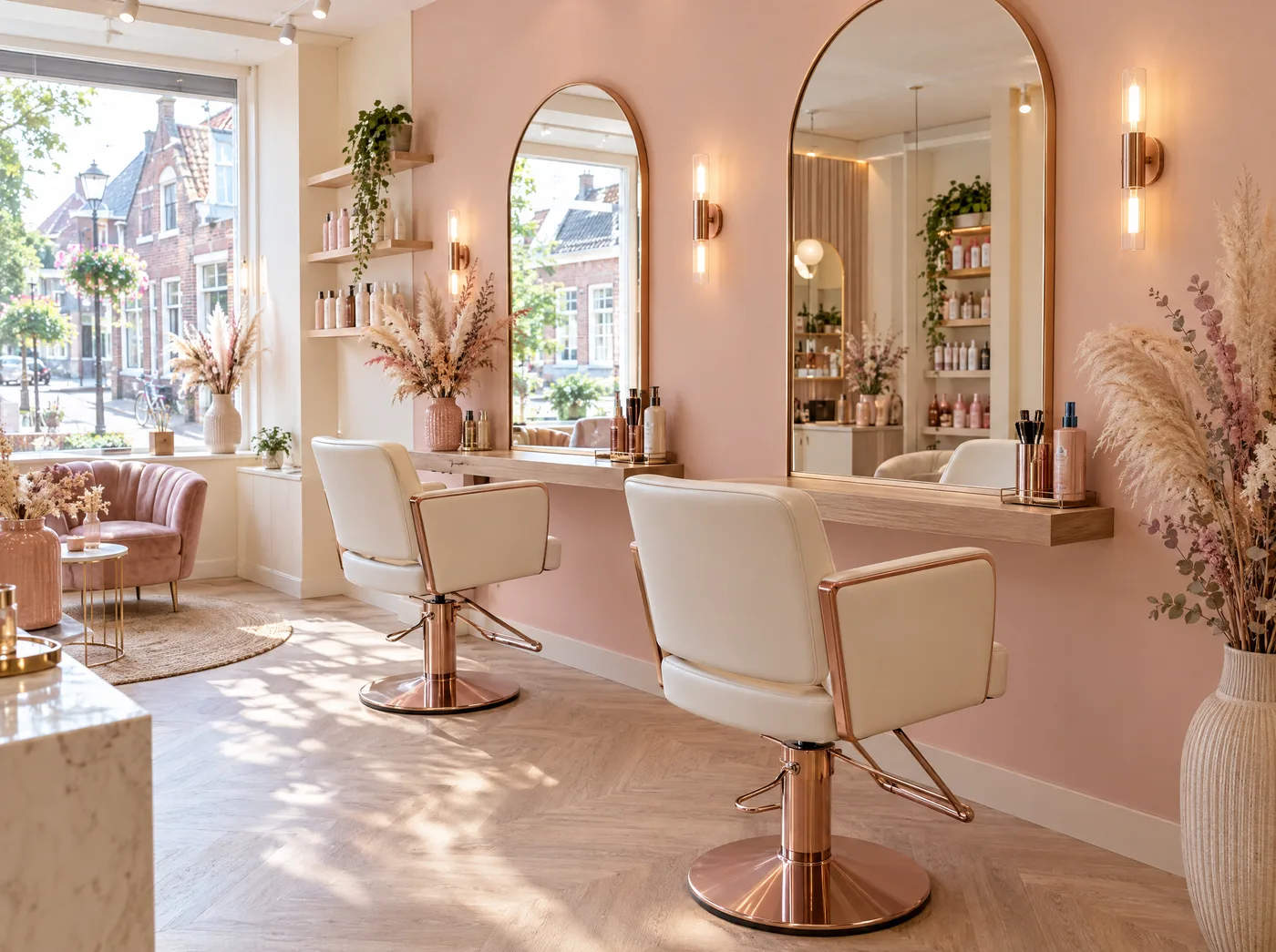 Sfeerbeeld: lichte salon in blush en crème met witte stoelen